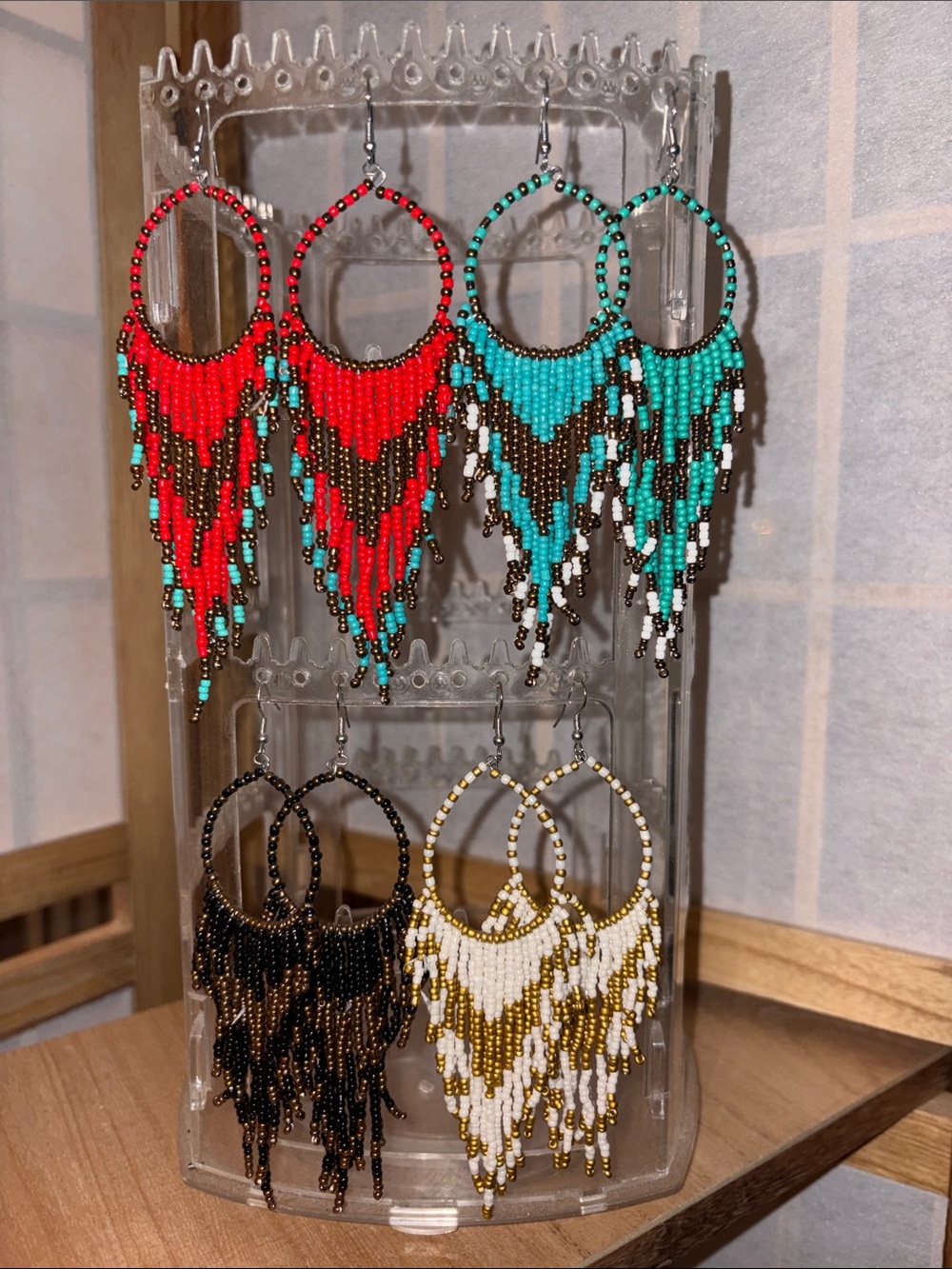 Handmade Beaded Earrings - Turquoise, Black, Red, & White - 4 Pair Lot